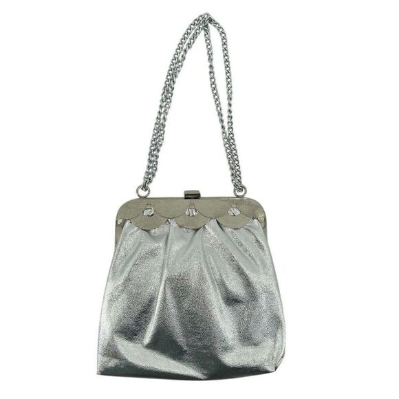 Vintage Handbags - Vintage Metallic Silver Scalloped Frame Evening Bag Chain Shoulder Strap